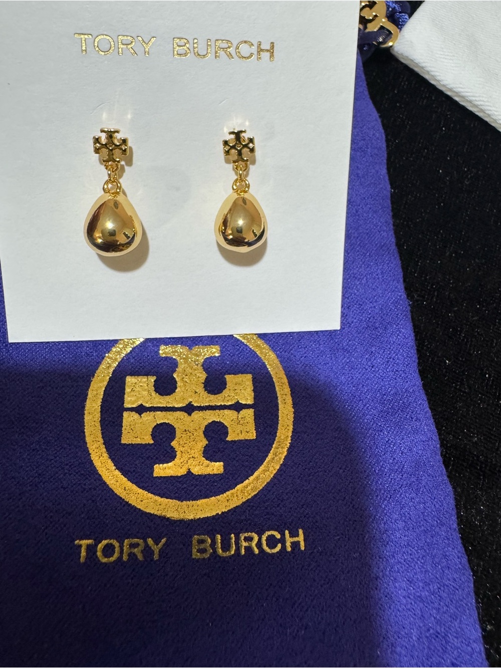 Tory Burch Gold Teardrop Logo Dangle Earrings